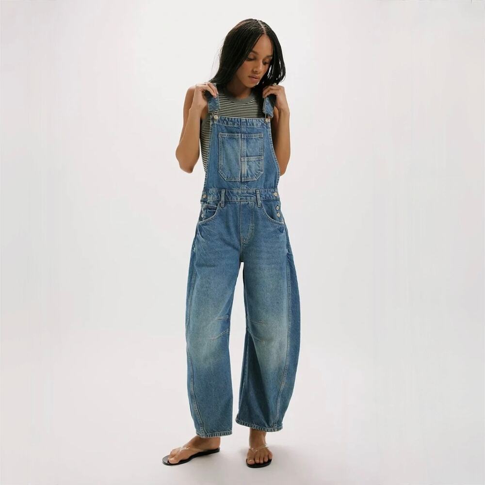 Free People WE THE FREE Good Luck Barrel Overalls - Blue Denim - Sz. Small SHORT